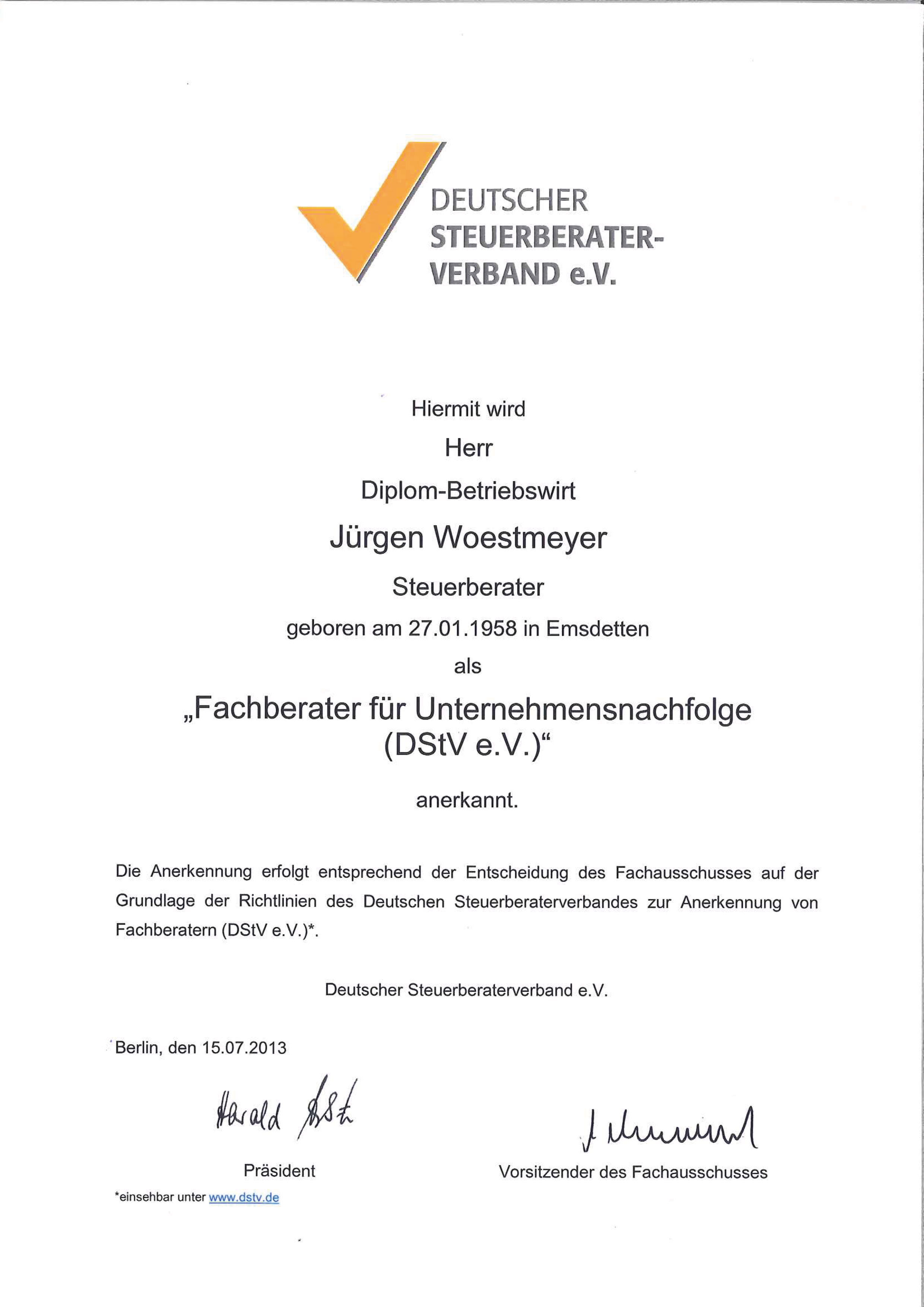 Urkunde Fachberater für Unternehmensnachfolge